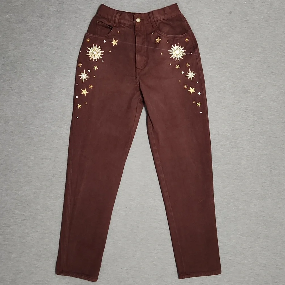 Vintage "Monique Jeans" Embroidered Brown Denim High Rise Tapered Leg Mom Jeans